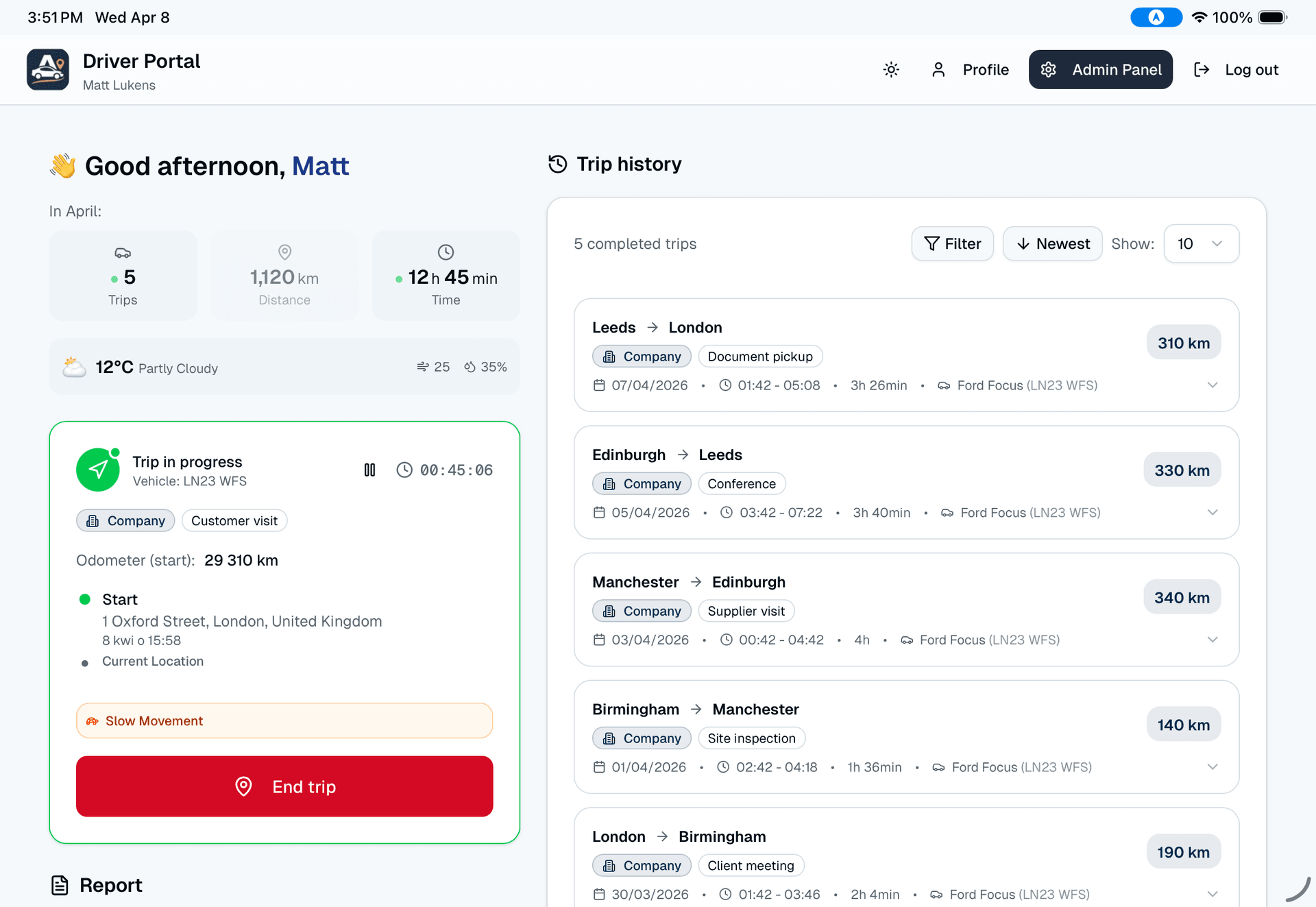 Aroute web app: driver portal with the vehicle mileage log