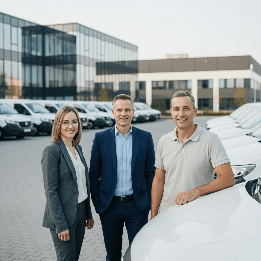 Business team with a company fleet Team - owner, accountant, driver